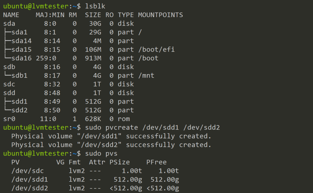 List created Physical Volumes
